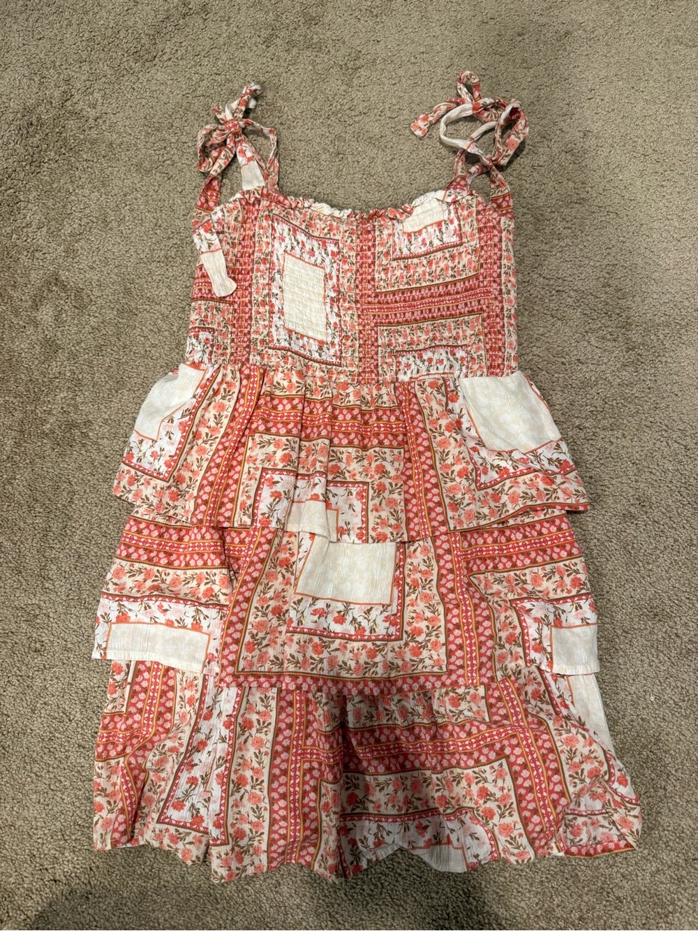 Floral Patchwork Tie-Shoulder Romper - Coral
